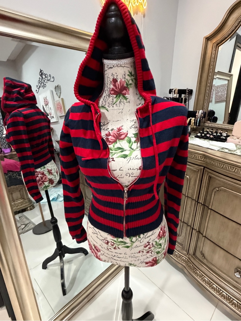 Striped Red & Navy Hooded Zip-Up Sweater